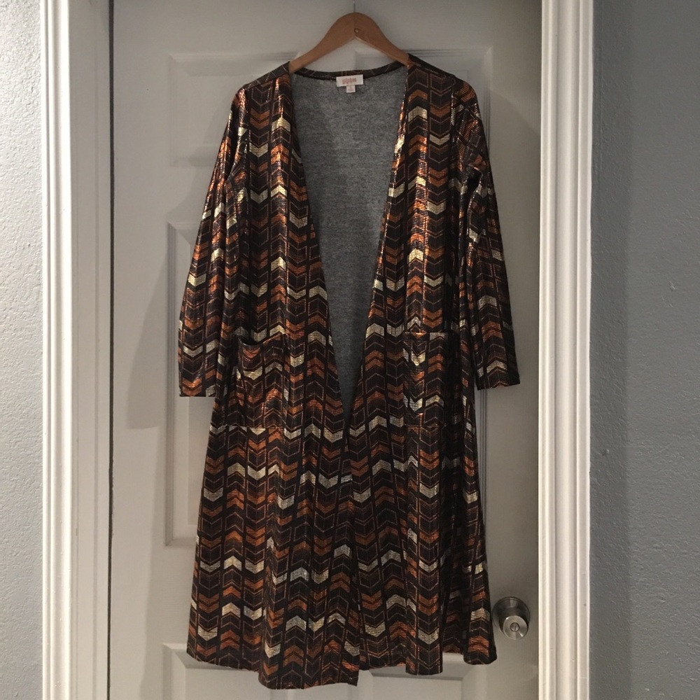 Lularoe Sarah Metallic Gold Copper Cardigan Arrow